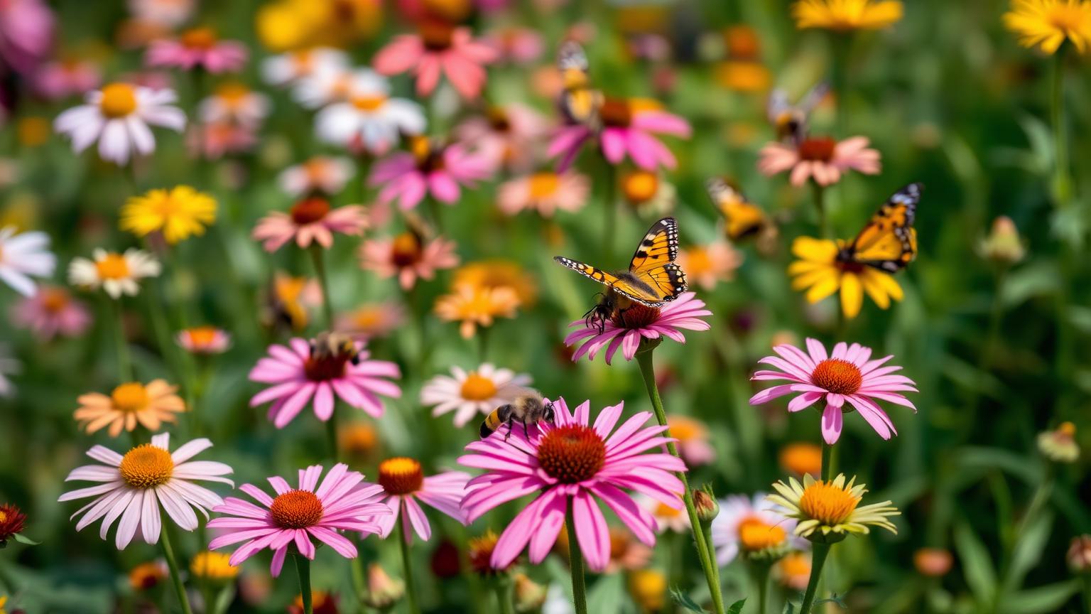 Wildlife-friendly garden in full bloom with bees and butterflies on native flowers