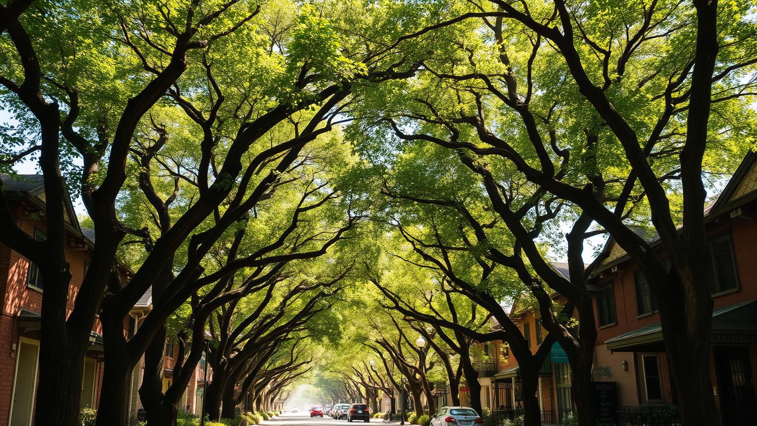 City street transformed with mature tree canopy and dappled shade on a hot summer day