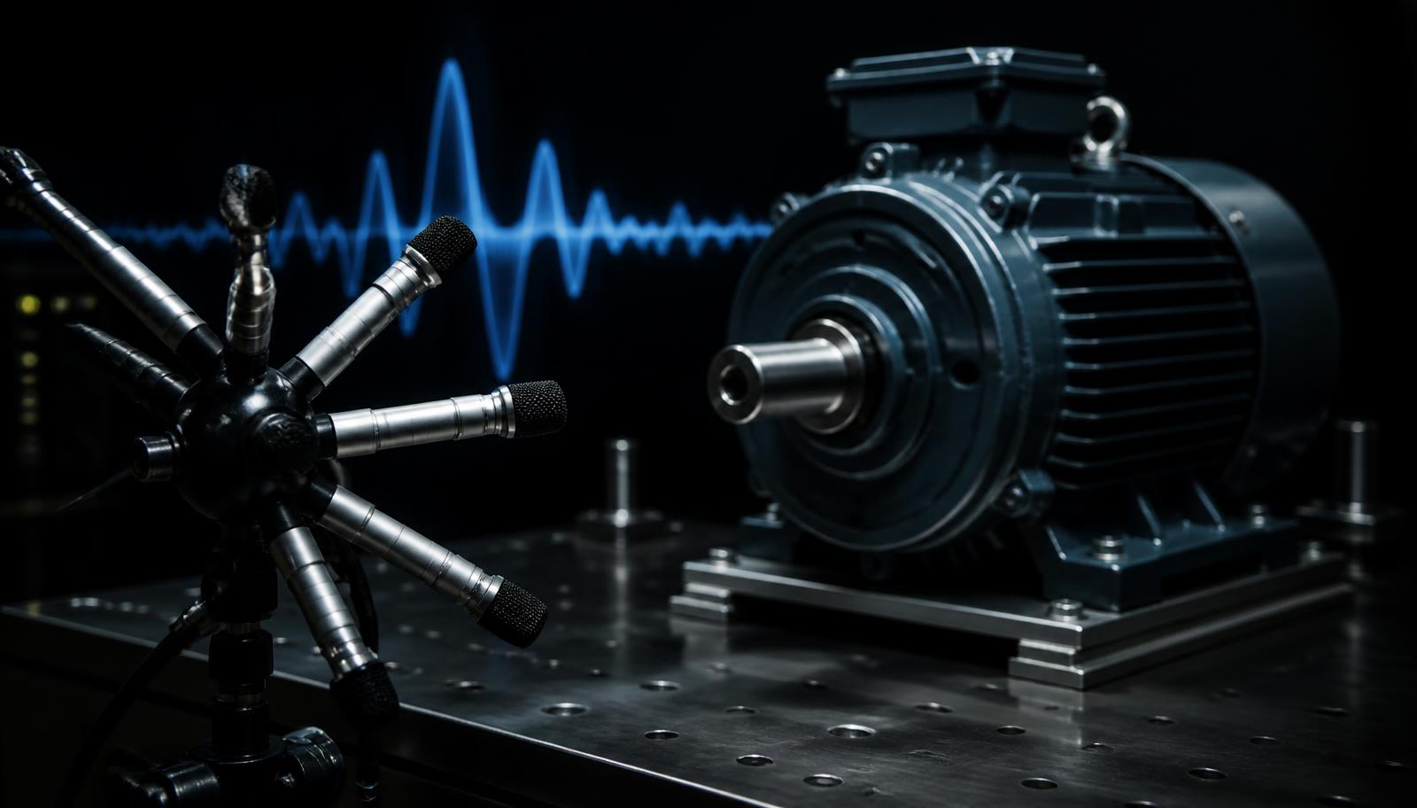 Microphone array recording an electric motor on a steel laboratory bench, with a blue waveform traced through the darkness