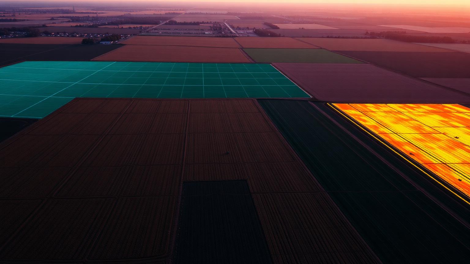 Aerial view of farmland at golden hour with faint crop health overlays across the fields