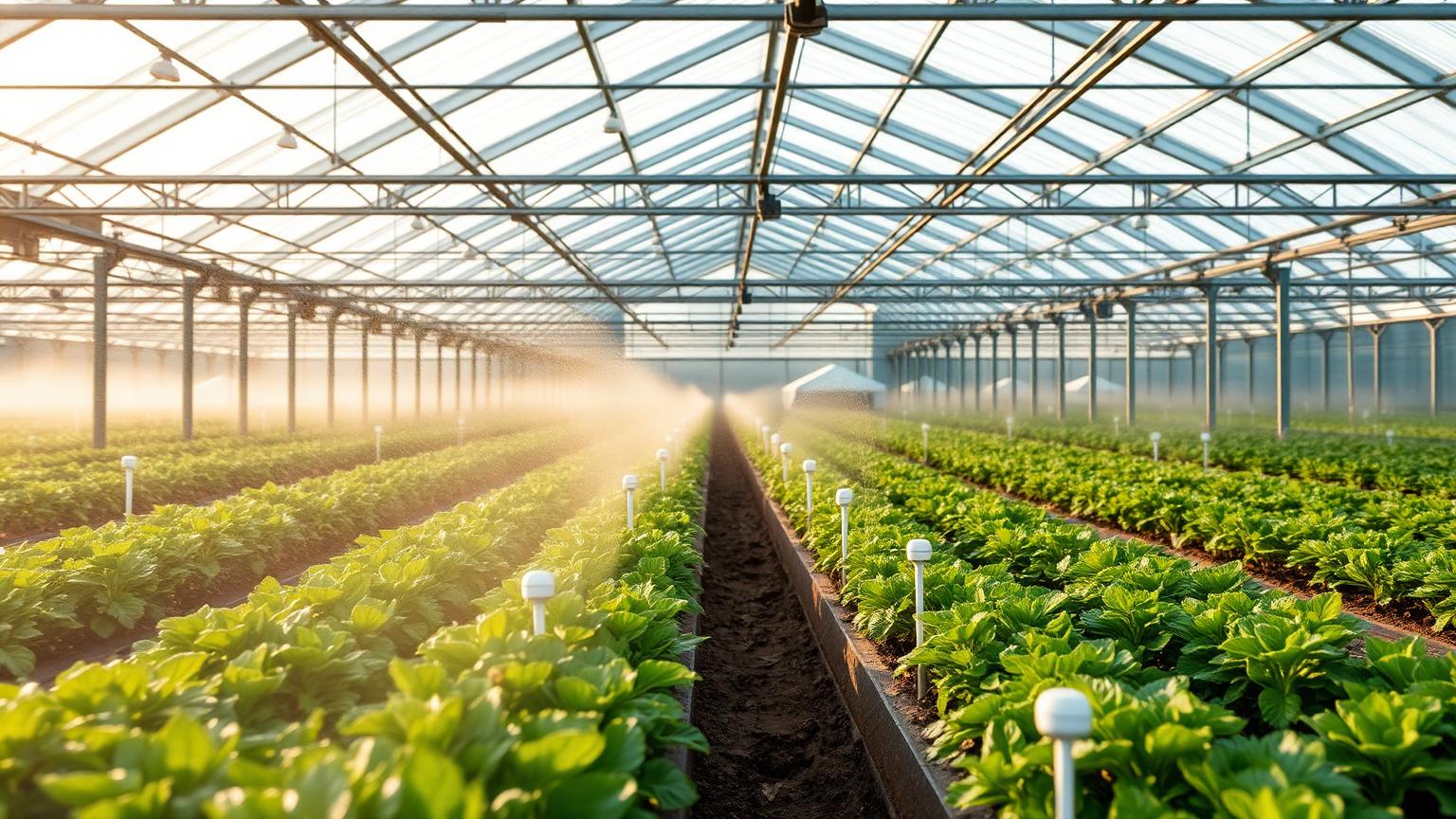 Glasshouse interior at dawn with rows of leafy plants and slim soil moisture probes in the beds