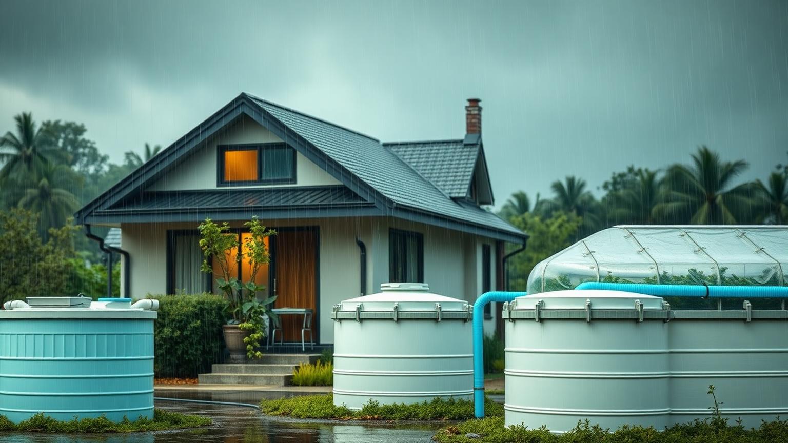 Home and small greenhouse in the rain with rainwater running into storage tanks
