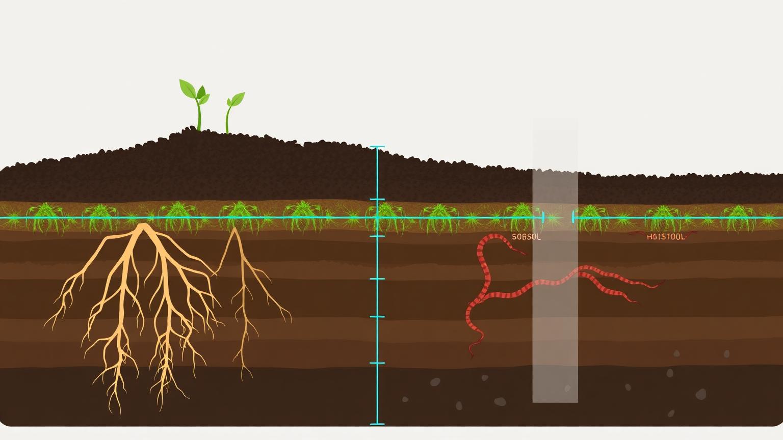 Cross-section illustration of a healthy soil profile showing roots, fungal networks and layered horizons