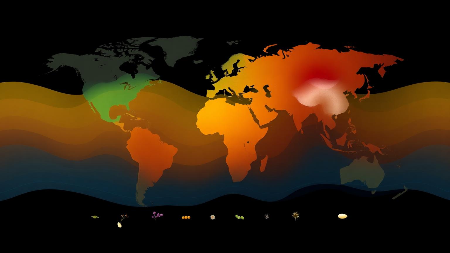 Stylised world map showing shifting plant growing zones as gradient bands