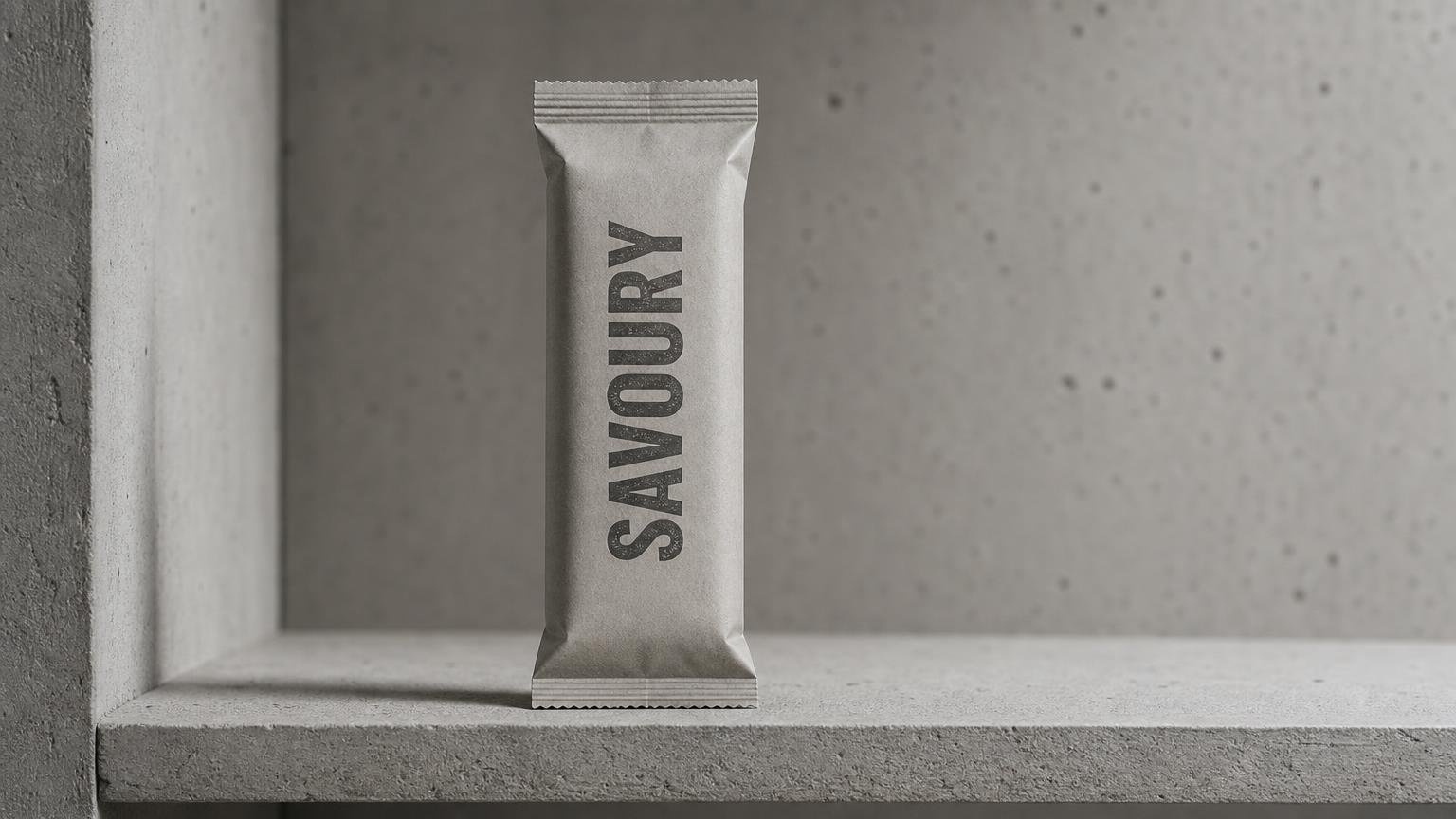 A plain unbranded snack bar wrapper on a bare concrete shelf, carrying only the word SAVOURY.
