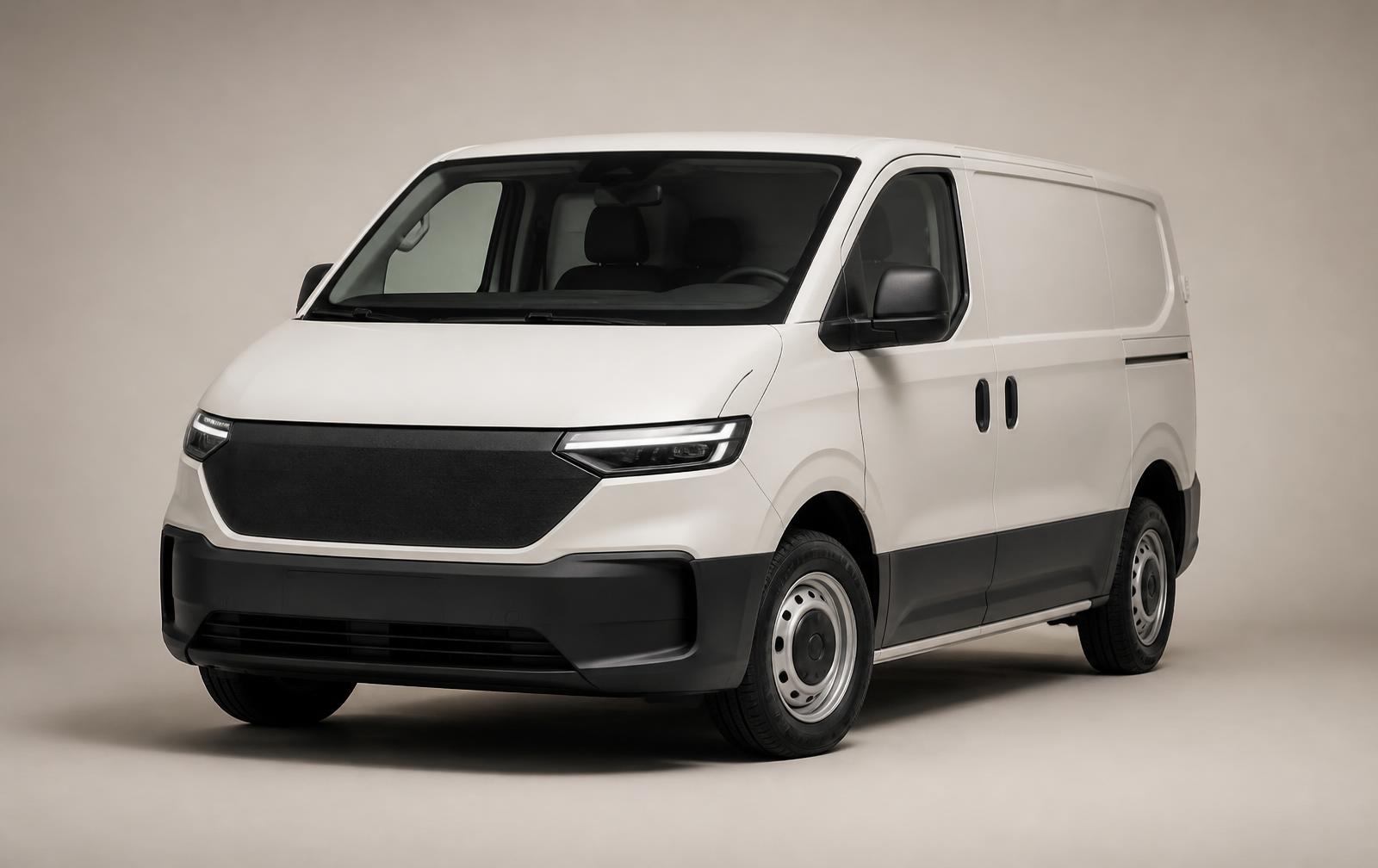 An unbranded conceptual electric panel van photographed in a plain studio, with no manufacturer badge or livery